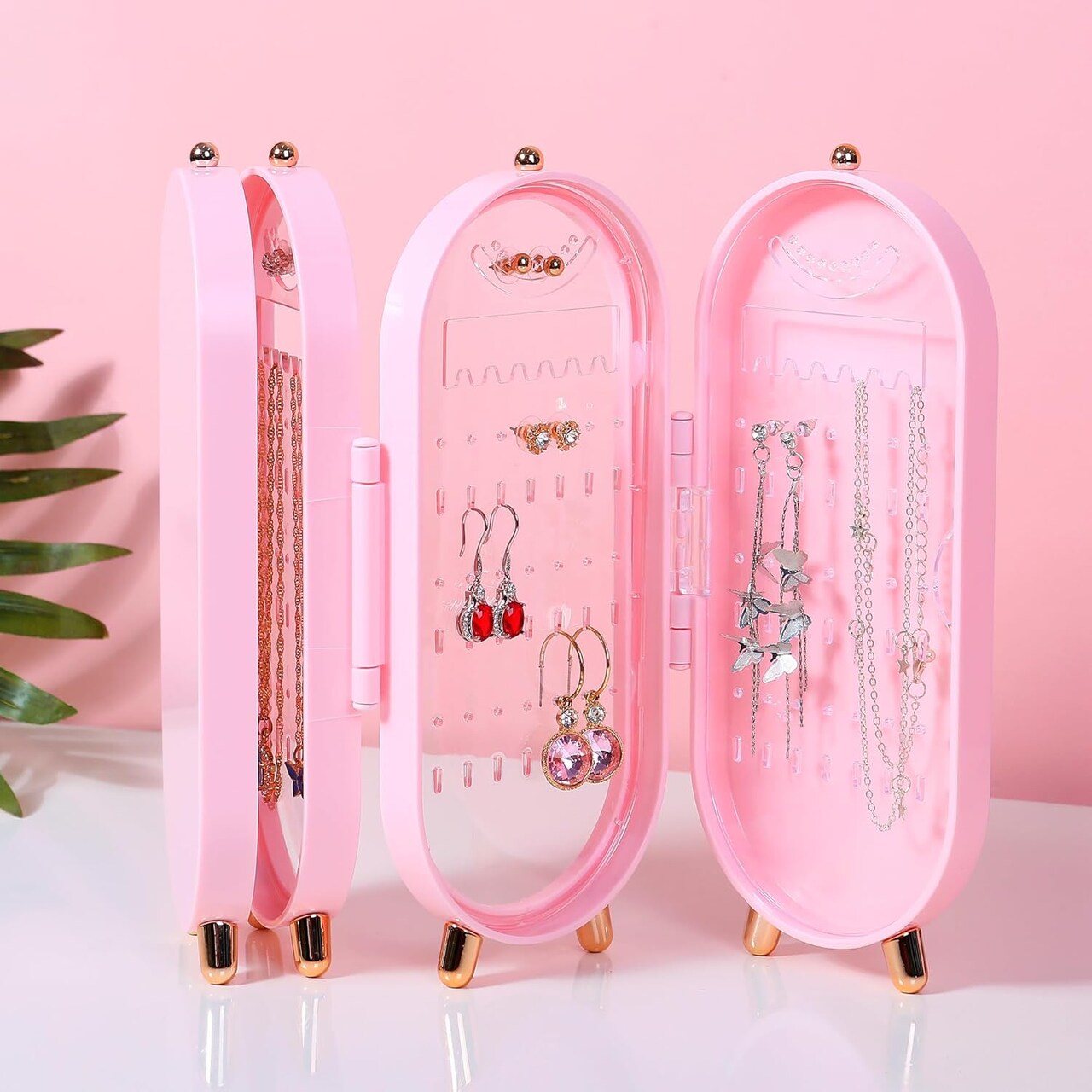 Earring Holder Stand Jewelry Storage Box for Women Foldable Acrylic Jewelry Display Stand Box Jewelry organizer with mirror Suitable for Drop Earrings,Necklaces,Rings,Diamonds,Emeralds (pink)